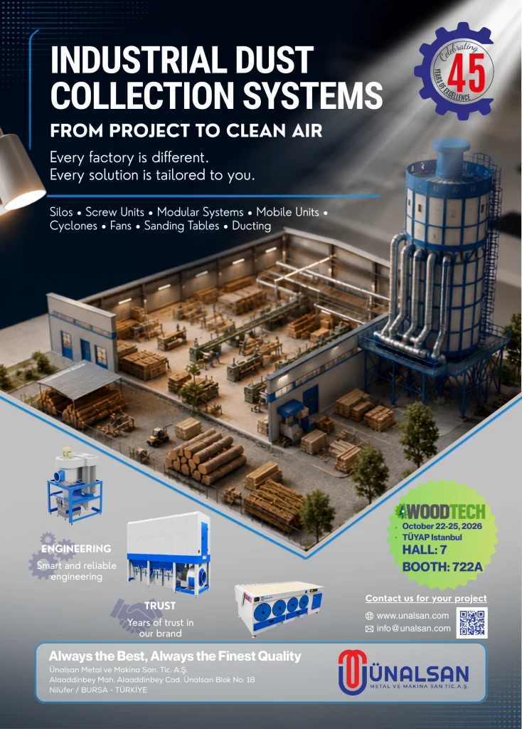 Ünalsan WoodTech 2026 industrial dust collection systems - October 22-25, 2026, TÜYAP Istanbul, Hall 7, Booth 722A