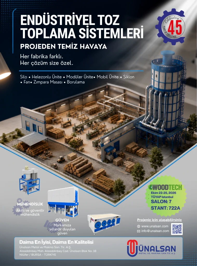 Ünalsan WoodTech 2026 endüstriyel toz toplama sistemleri tanıtımı - 22-25 Ekim 2026, TÜYAP İstanbul, Salon 7, Stant 722A